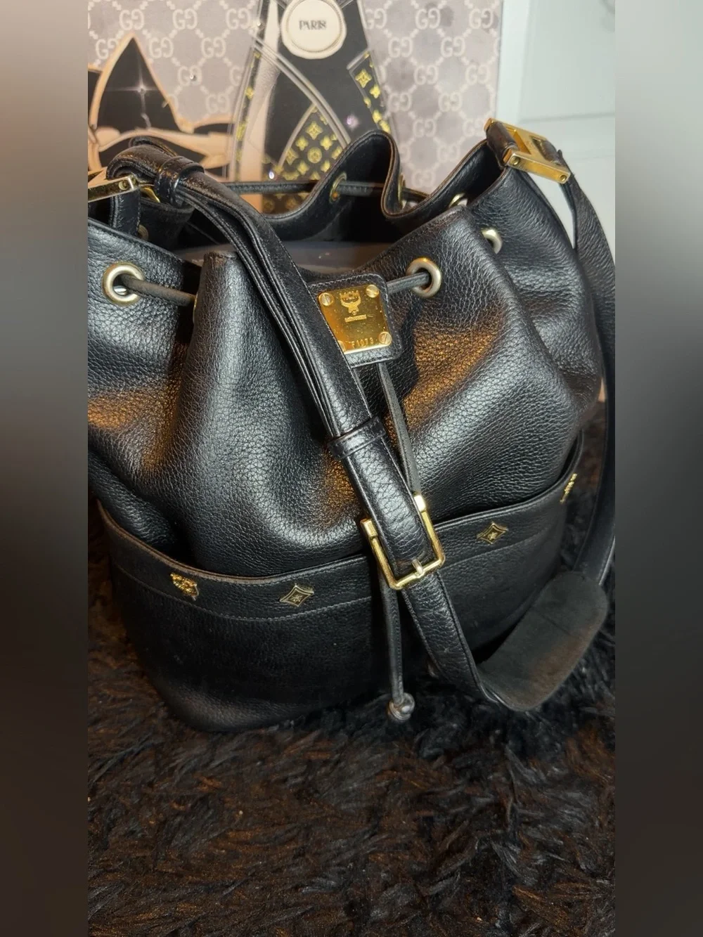 MCM Drawstring Bucket Bag with Gold Accents